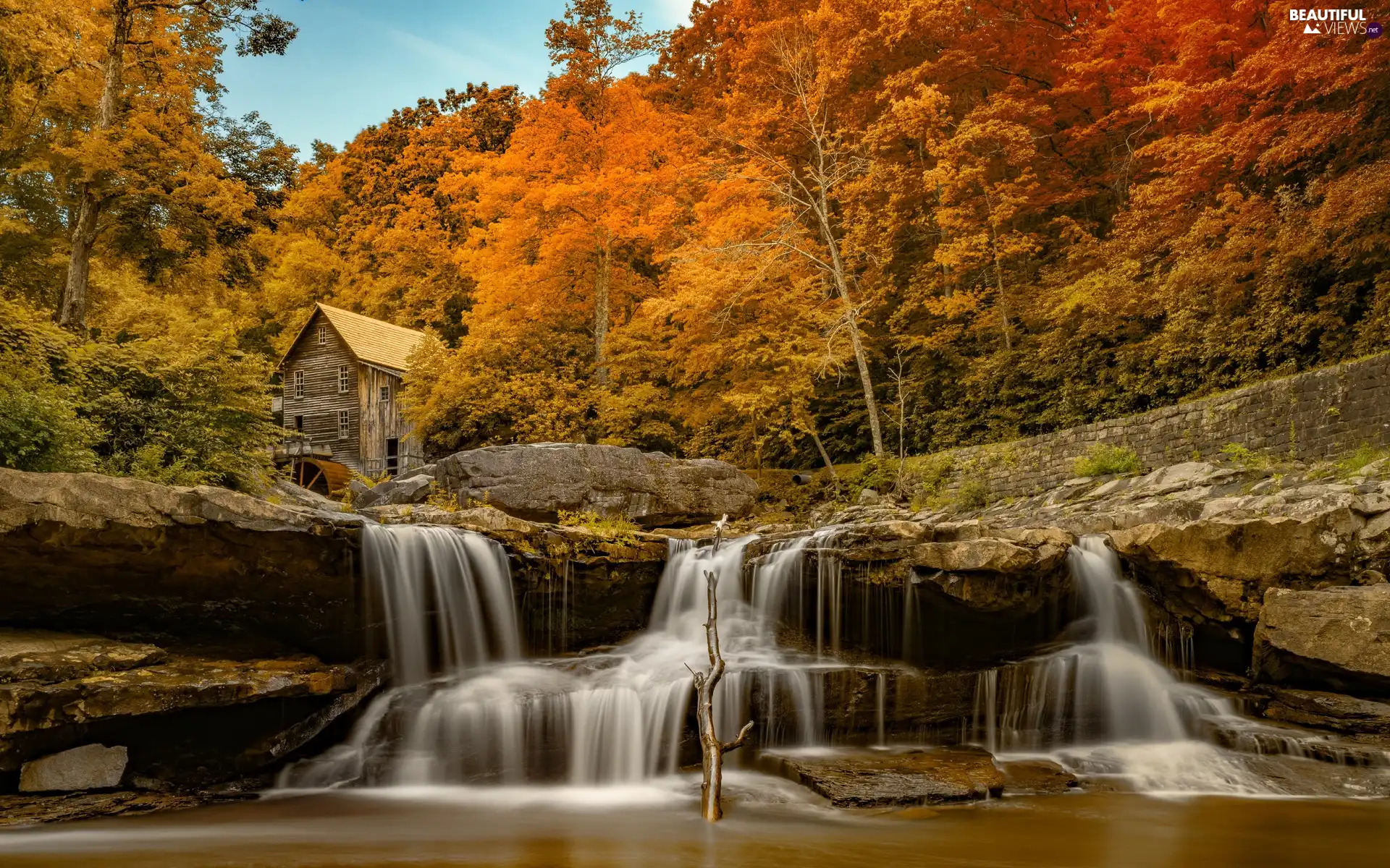 River, Windmill, forest, autumn, waterfall, water