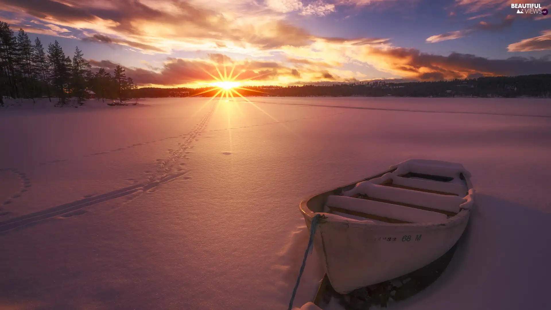 lake, winter, Boat, trees, clouds, rays of the Sun, forest, Sunrise, viewes
