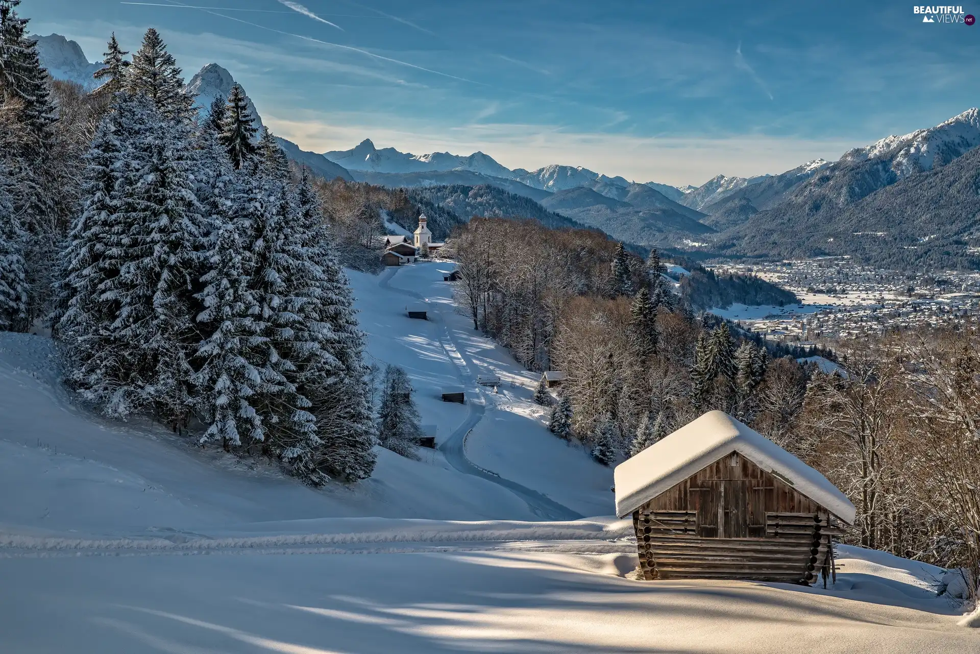 Mountains, German, Houses, village, winter, forest, Church