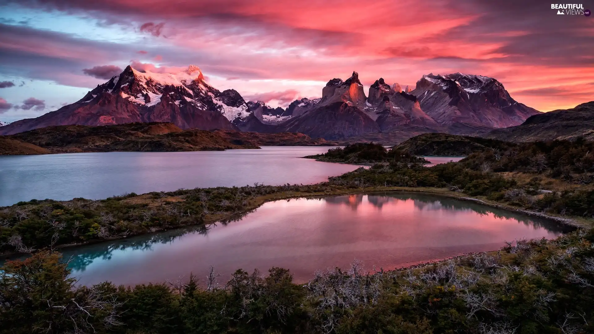 Mountains, west, forest, clouds, lakes, sun