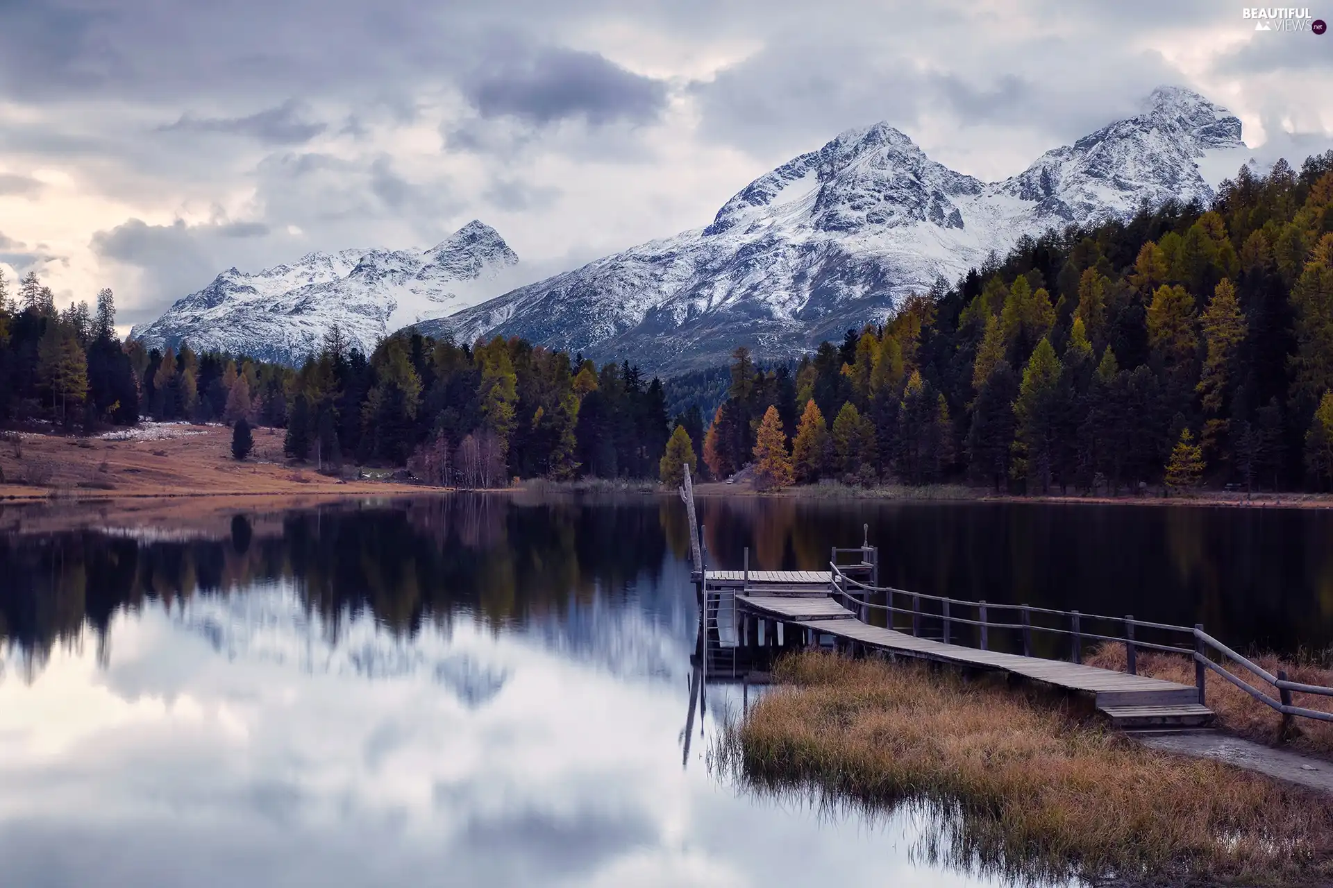 lake, trees, clouds, viewes, Platform, snow, Mountains, forest