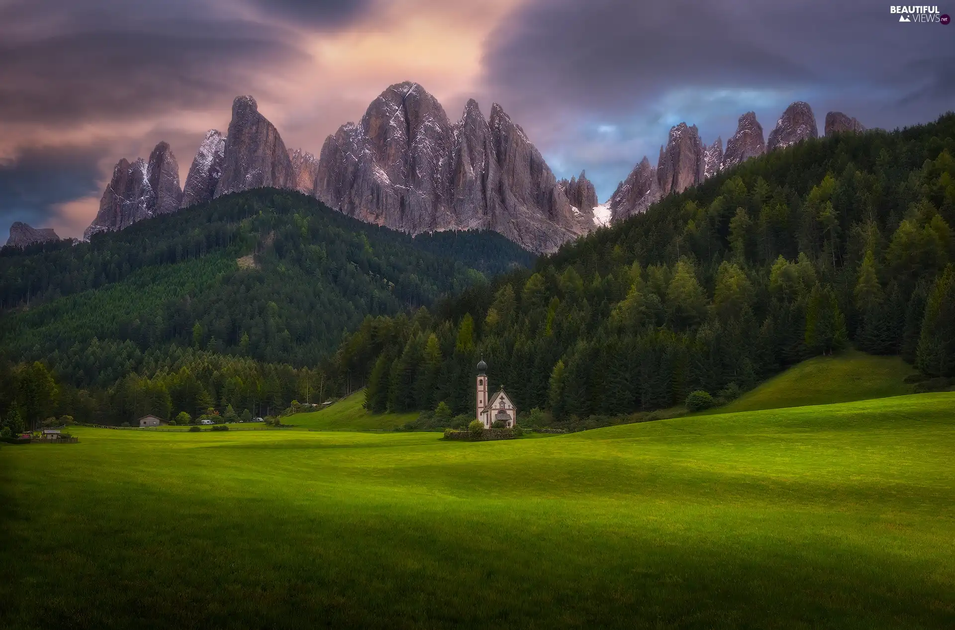 Church of St. John, Dolomites Mountains, clouds, forest, viewes, Val di Funes Valley, Italy, trees