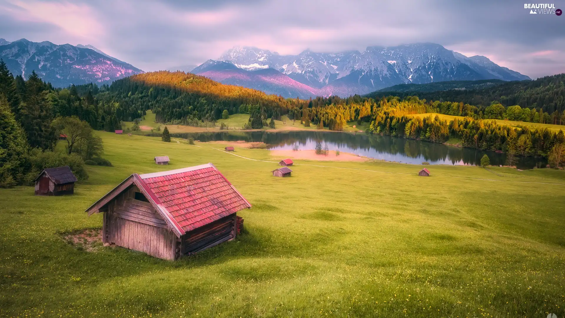 wooden, Krun City, forest, Bavaria, trees, Karwendel Mountains, Geroldsee Lake, Germany, Home, viewes