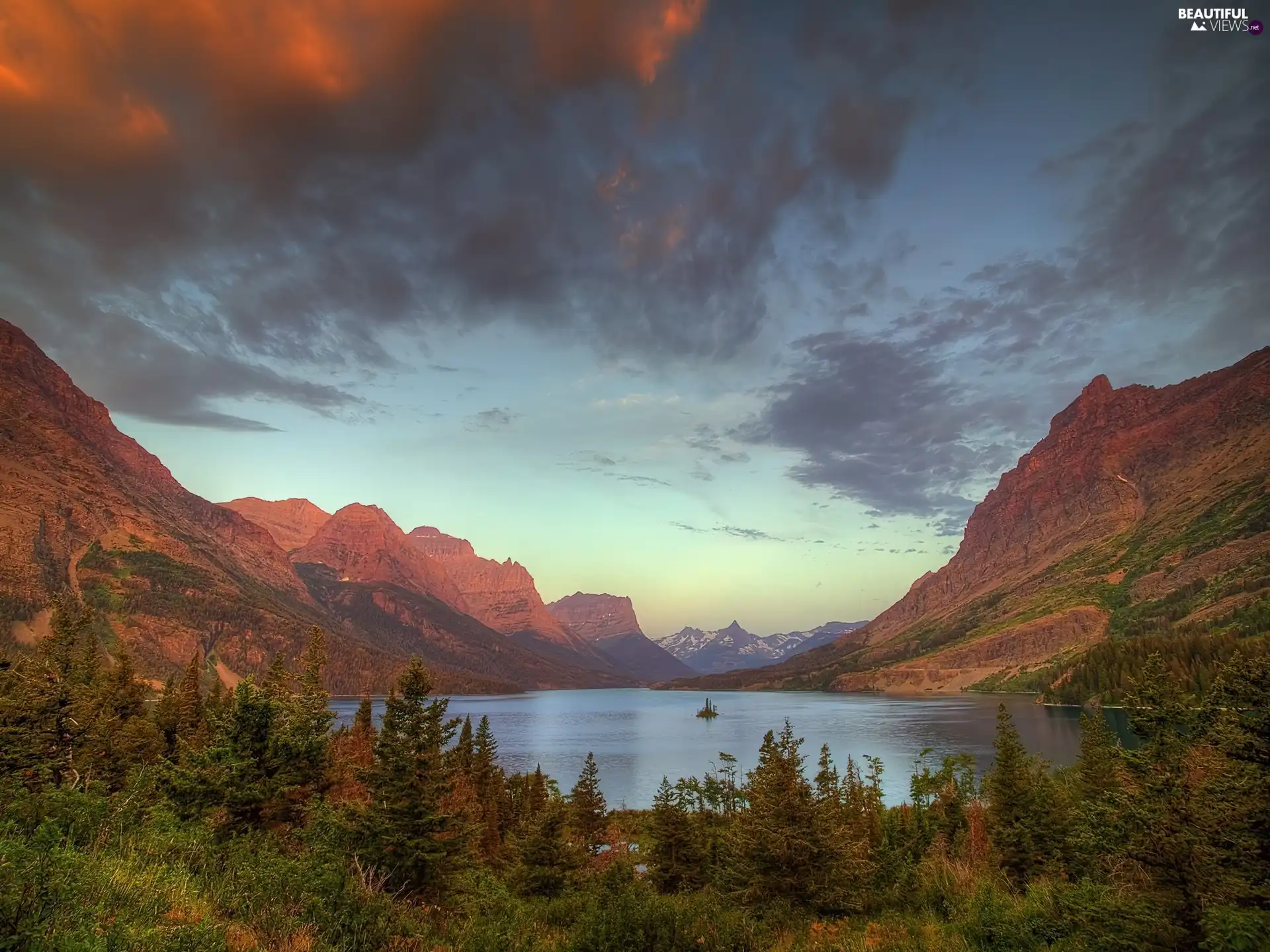 lake, clouds, forest, Mountains