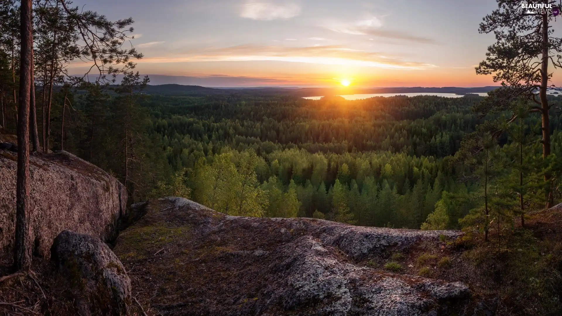 forest, Laukaa Commune, rocks, Hyyppaanvuori, Finland, lake, Great Sunsets