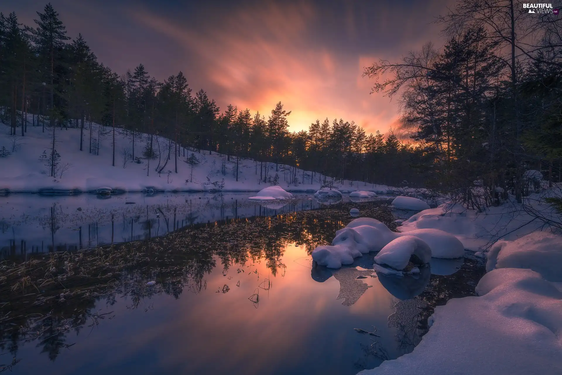Ringerike Municipality, Norway, winter, snow, viewes, forest, lake, trees, Great Sunsets