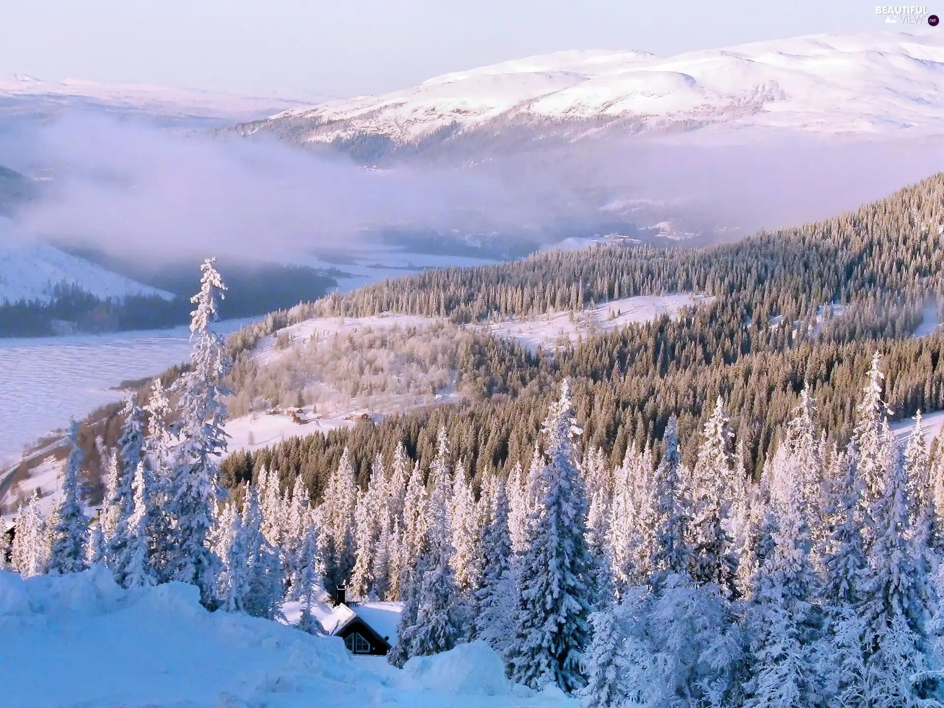 Mountains, snowy, forest, clouds