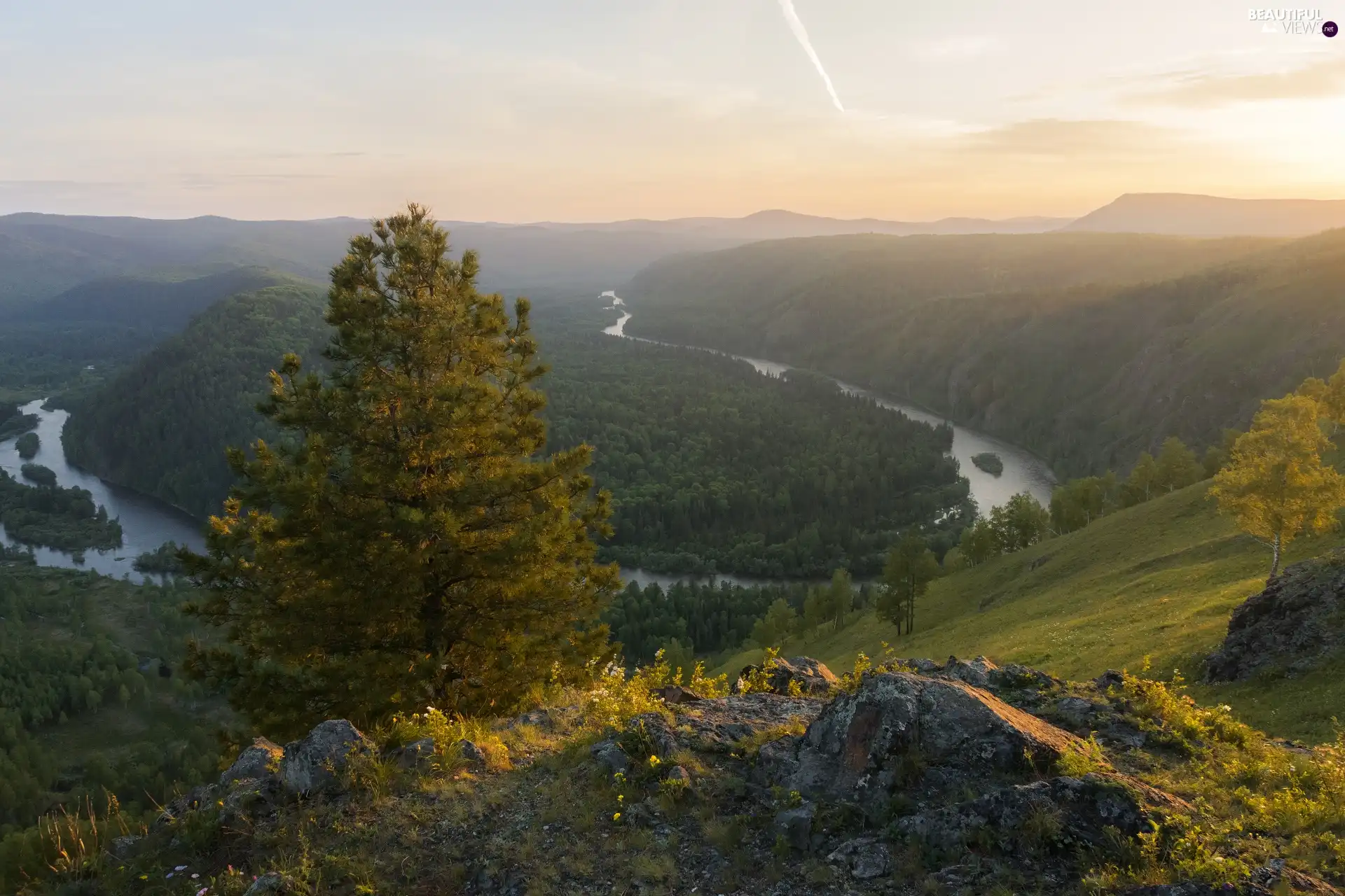 forest, River, Stones rocks, curve, trees, The Hills, Mountains, Meander