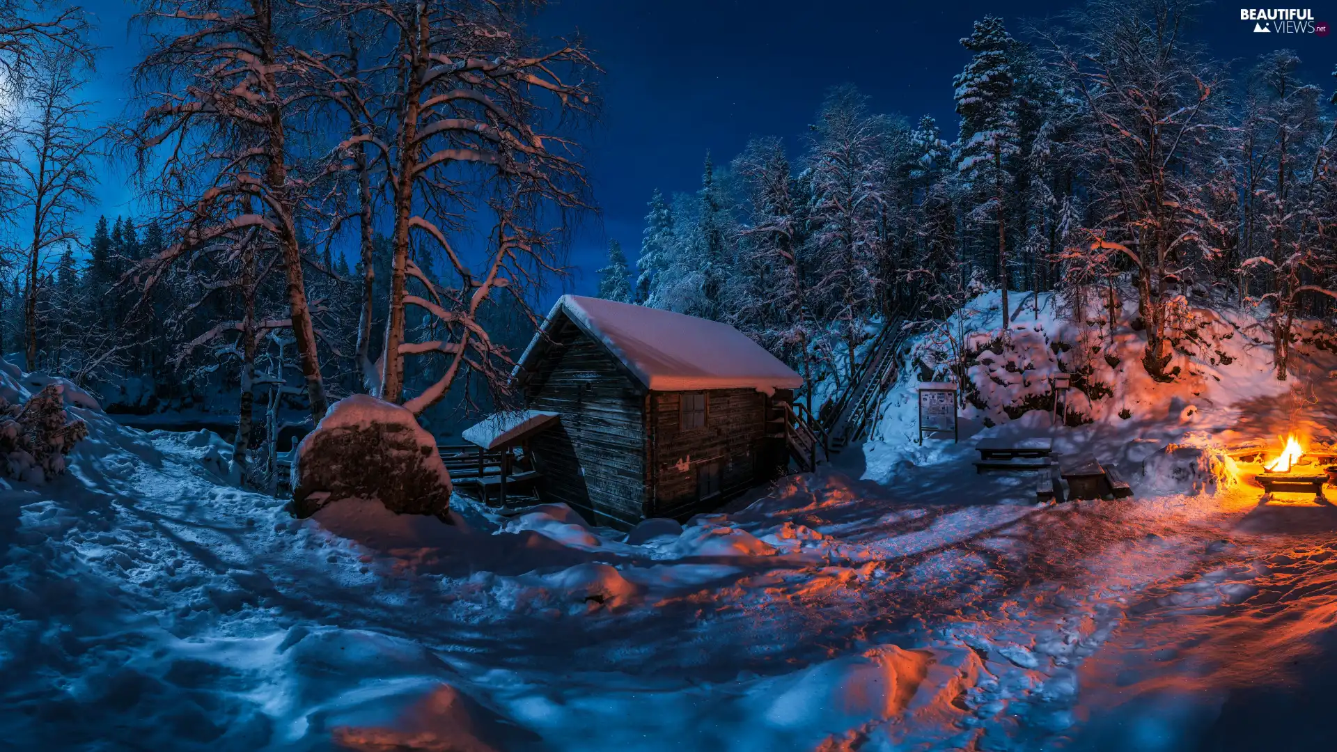 wooden, Oulanka National Park, Myllykoski Mill, viewes, trees, Lapland, fire, winter, Finland, Night, snow, forest