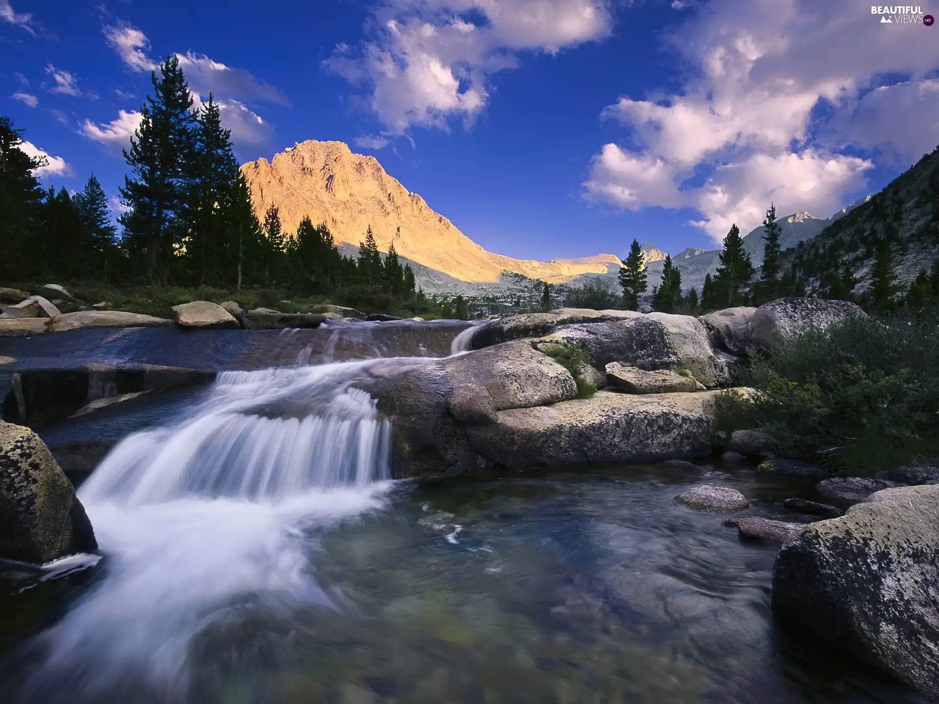 River, Mountains, forest, rocks