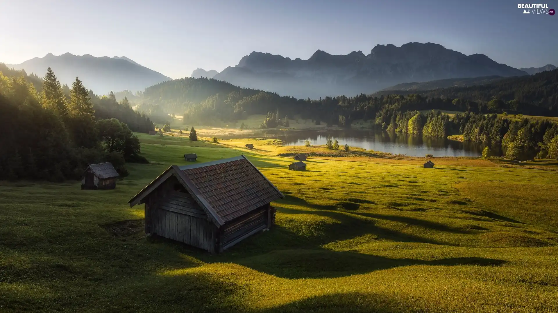 trees, Karwendel Mountains, wooden, viewes, Sunrise, Germany, Bavaria, forest, Geroldsee Lake, Krun City, Home