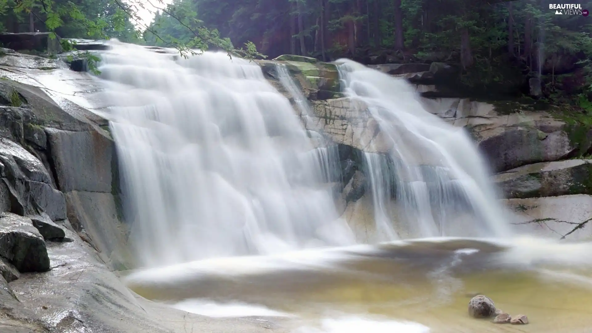 waterfall, rocks, forest, water