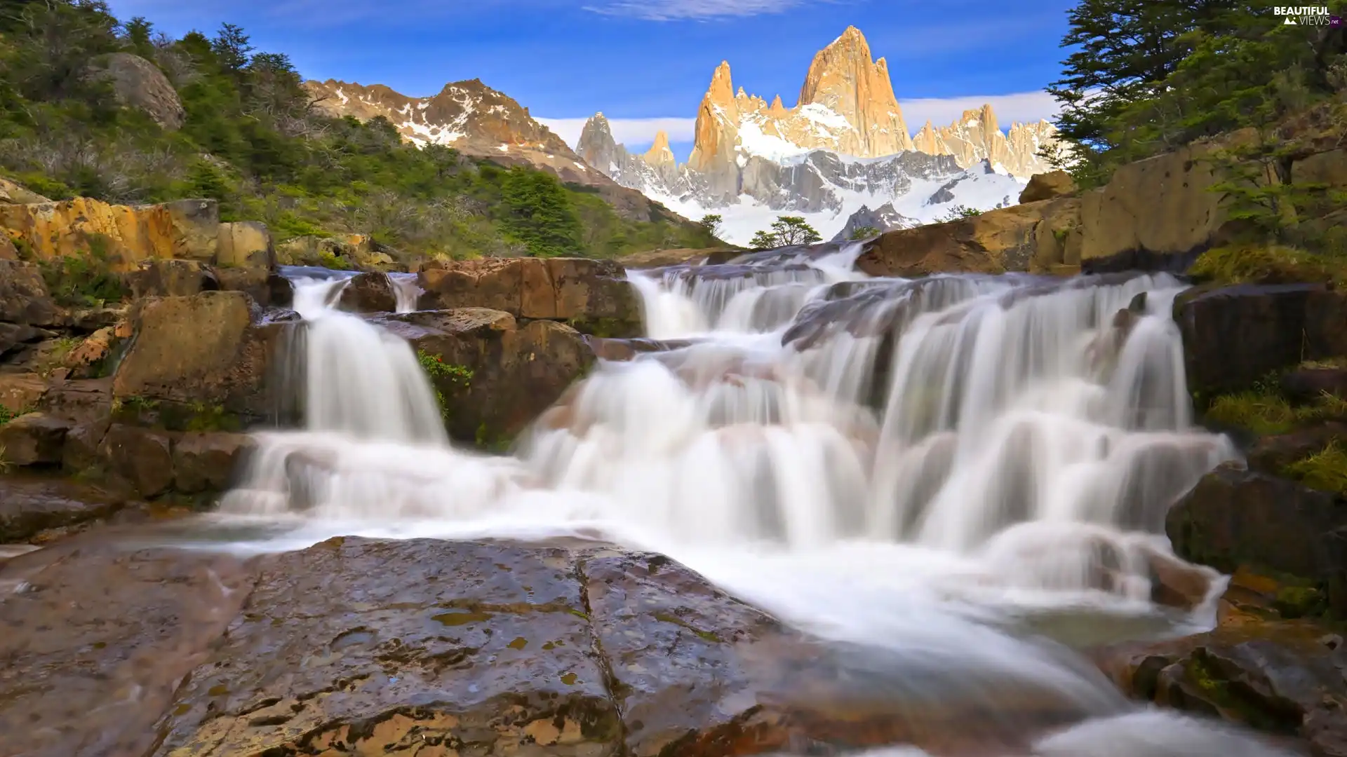 forest, rocks, waterfall