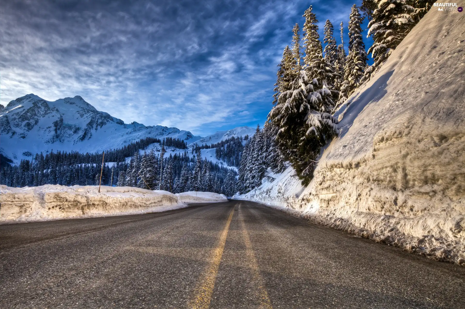 forest, winter, road, Mountains, asphalt