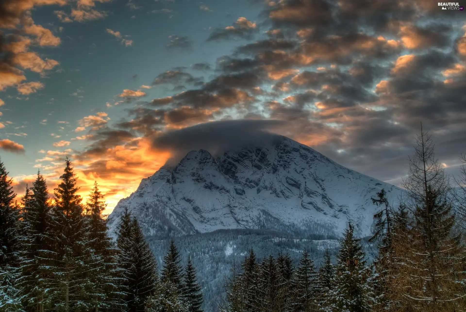 clouds, west, forest, winter, Mountains, sun