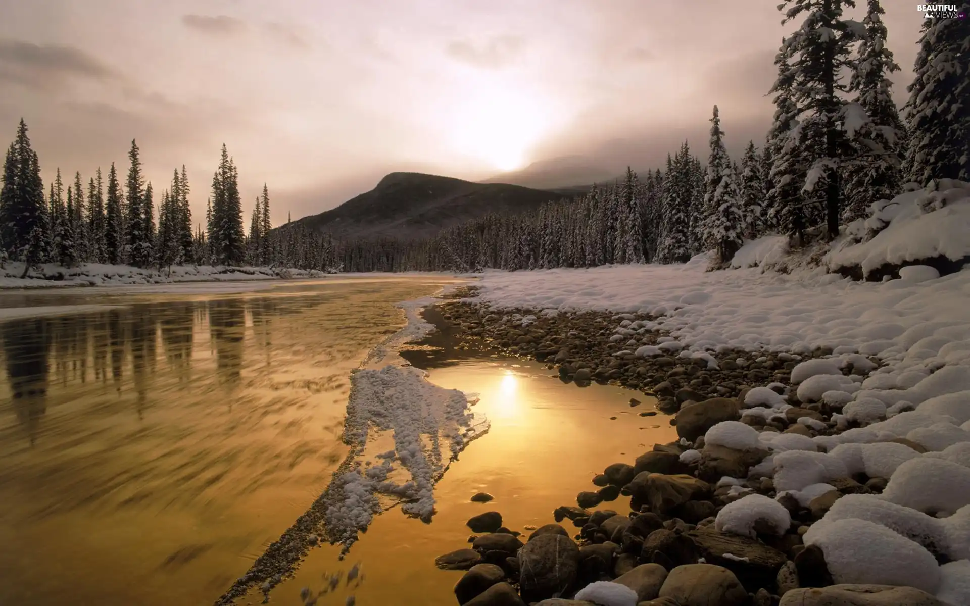 winter, Stones, forest, River