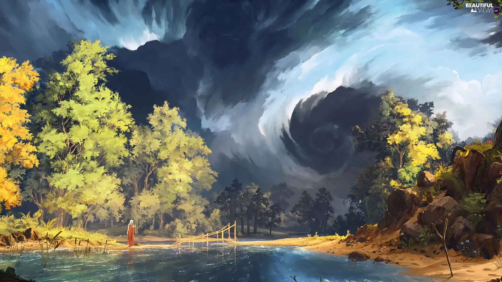 River, trees, rocks, viewes, clouds, Paintography, graphics, form