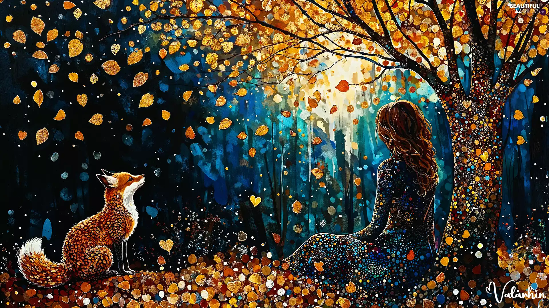 girl, trees, autumn, Fox