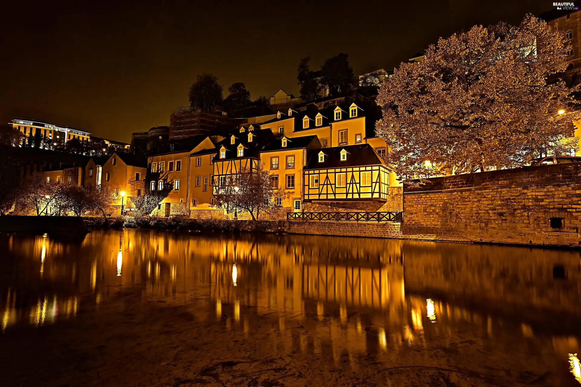 Luxembourg, River, town, Petrusse, Houses, fragment, night