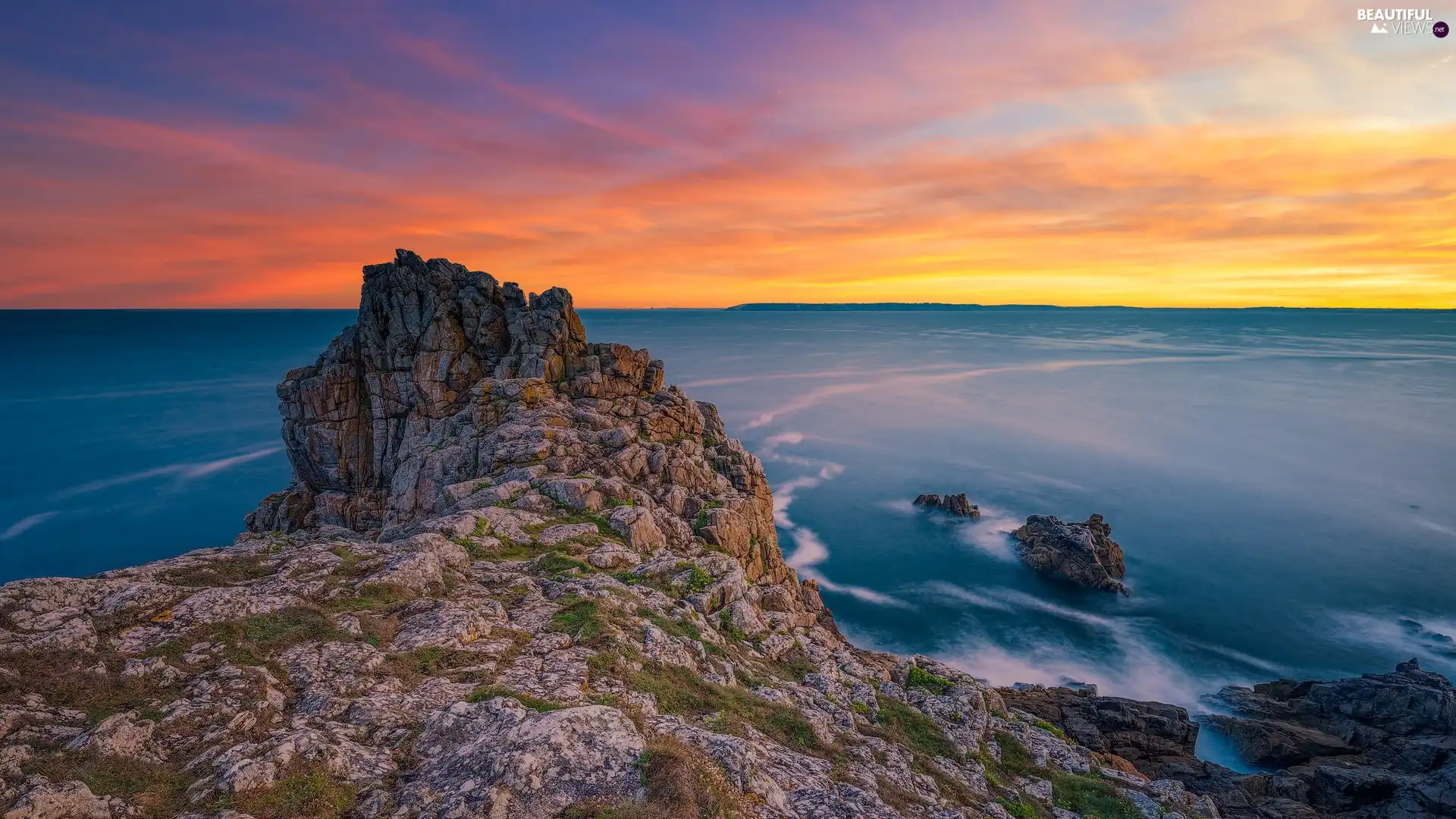 Brittany, France, Sunrise, rocks, sea