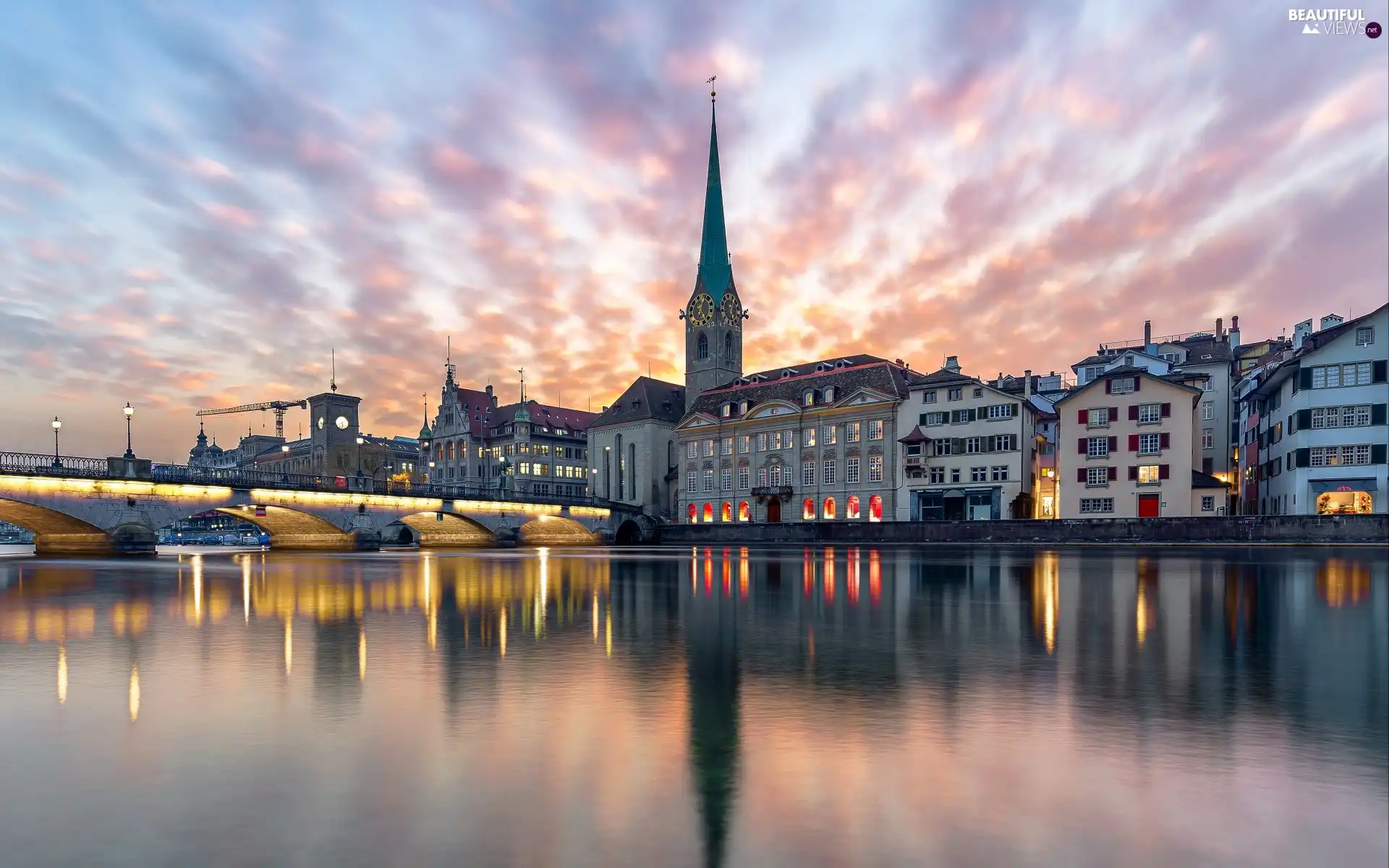 Fraumunster Church, River Limmat, Zurich, Switzerland, Houses, Munsterbrucke Bridge