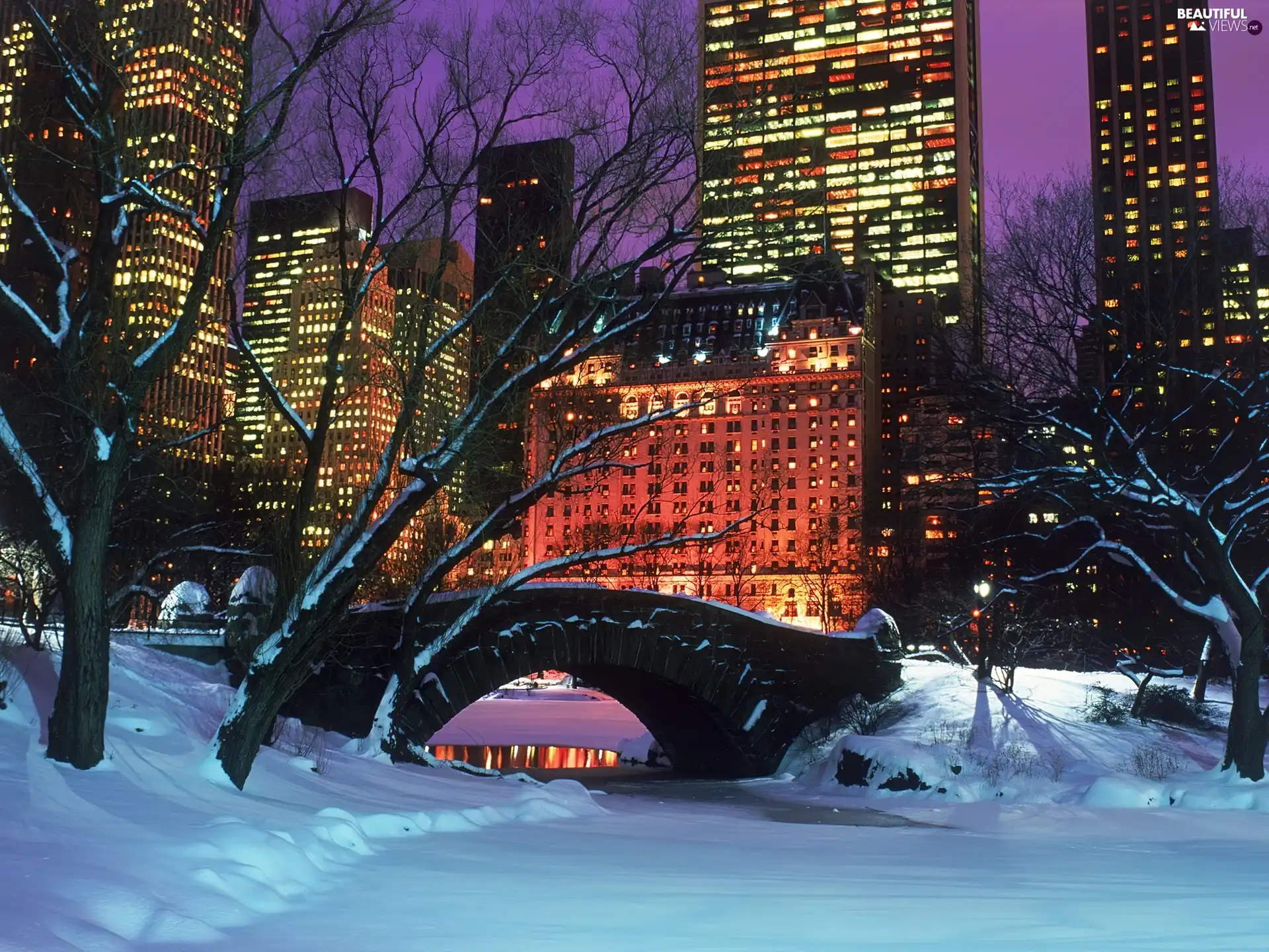 Frozen, brook, buildings, bridges, winter