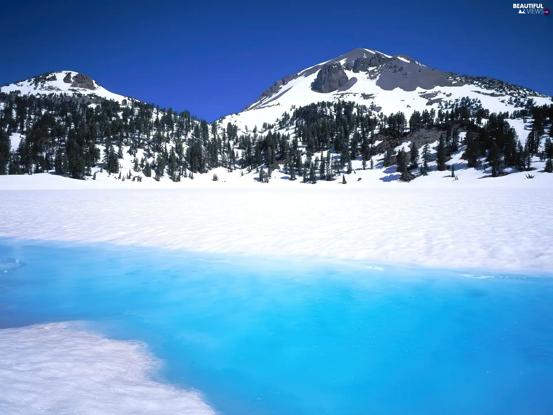 Frozen, River, snow, forest, Mountains