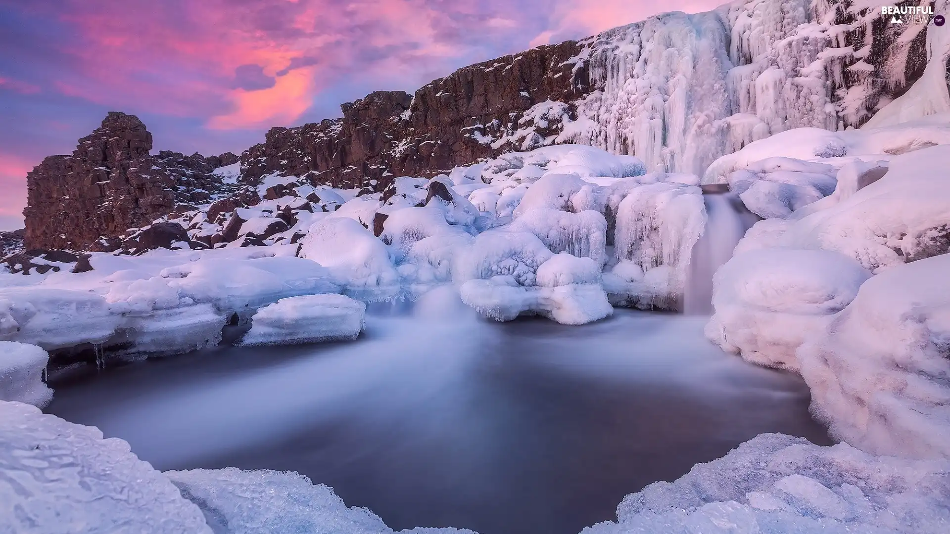 Frozen, River, Great Sunsets, waterfall, rocks, snow, winter, icicle