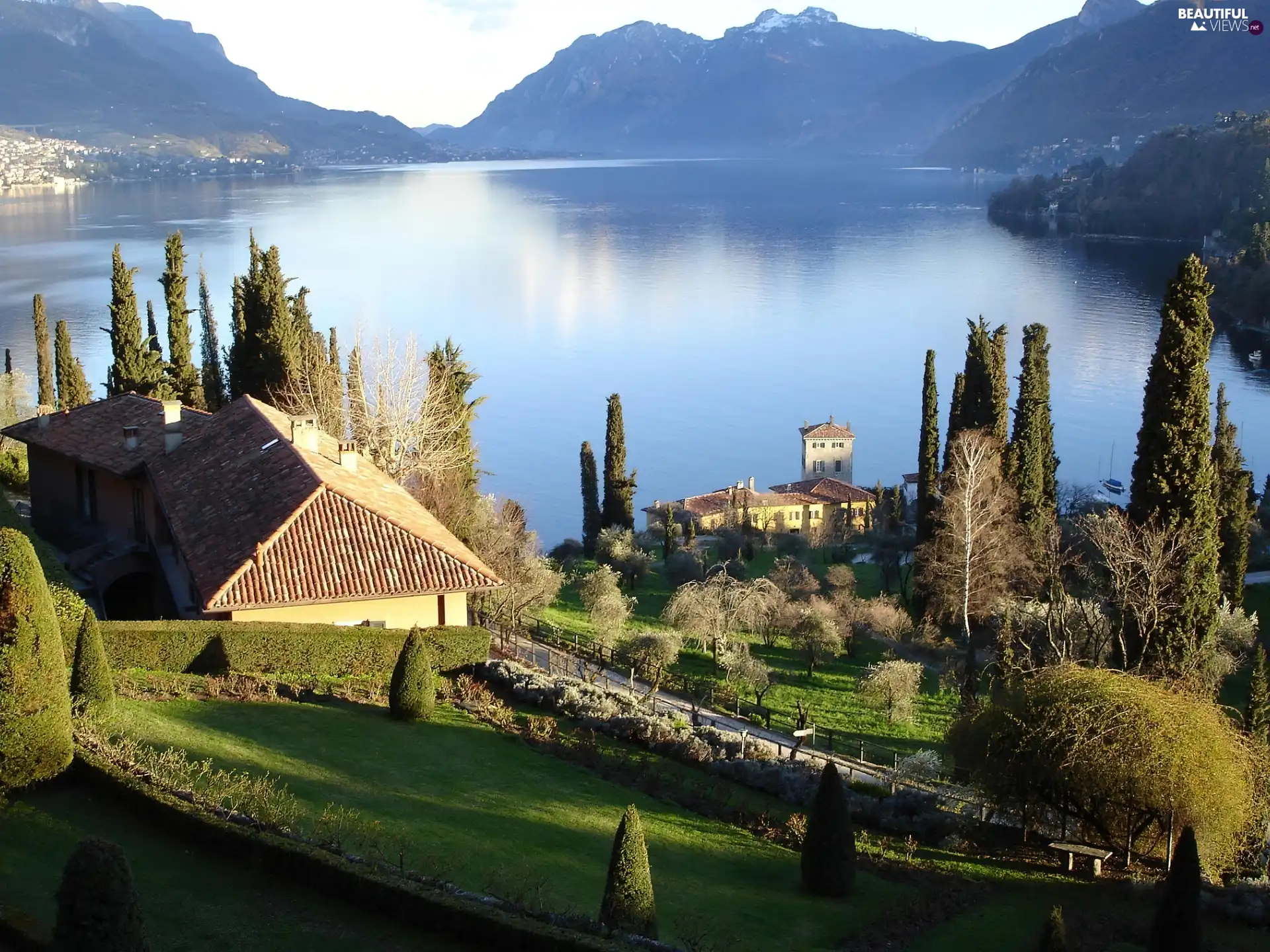 Mountains, house, Garden, lake