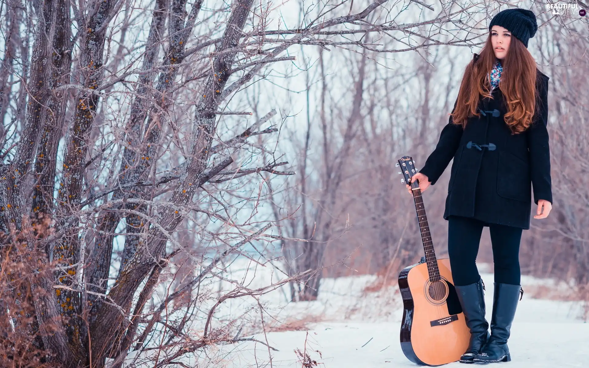 girl, Guitar, forest, snow, winter