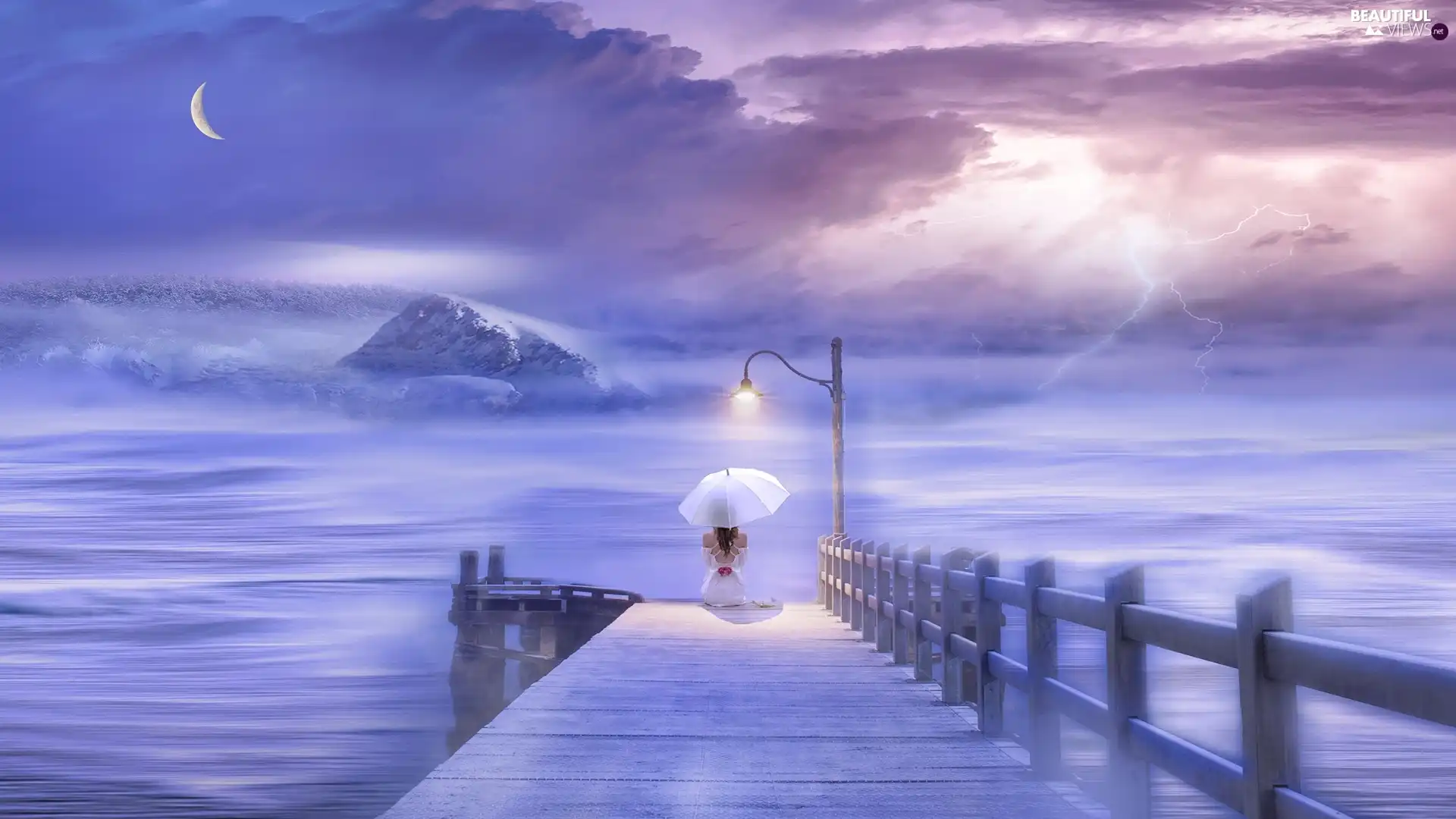 girl, lake, moon, Lighthouse, thunderbolt, Mountains, Platform, graphics, umbrella, clouds