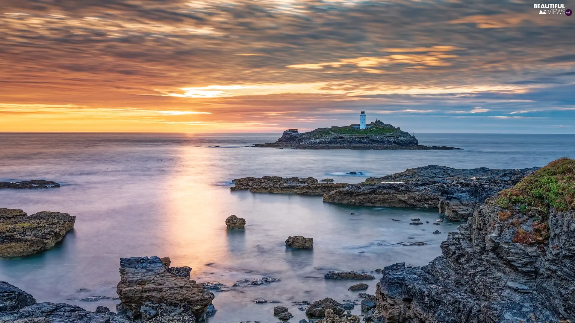 Godrevy Lighthouse, Cornwall, clouds, sea, England, rocks, Great Sunsets