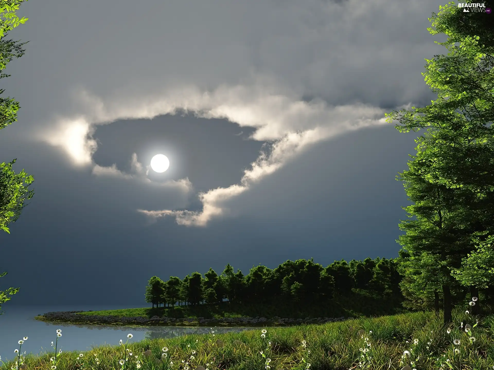 clouds, green, graphics, moon