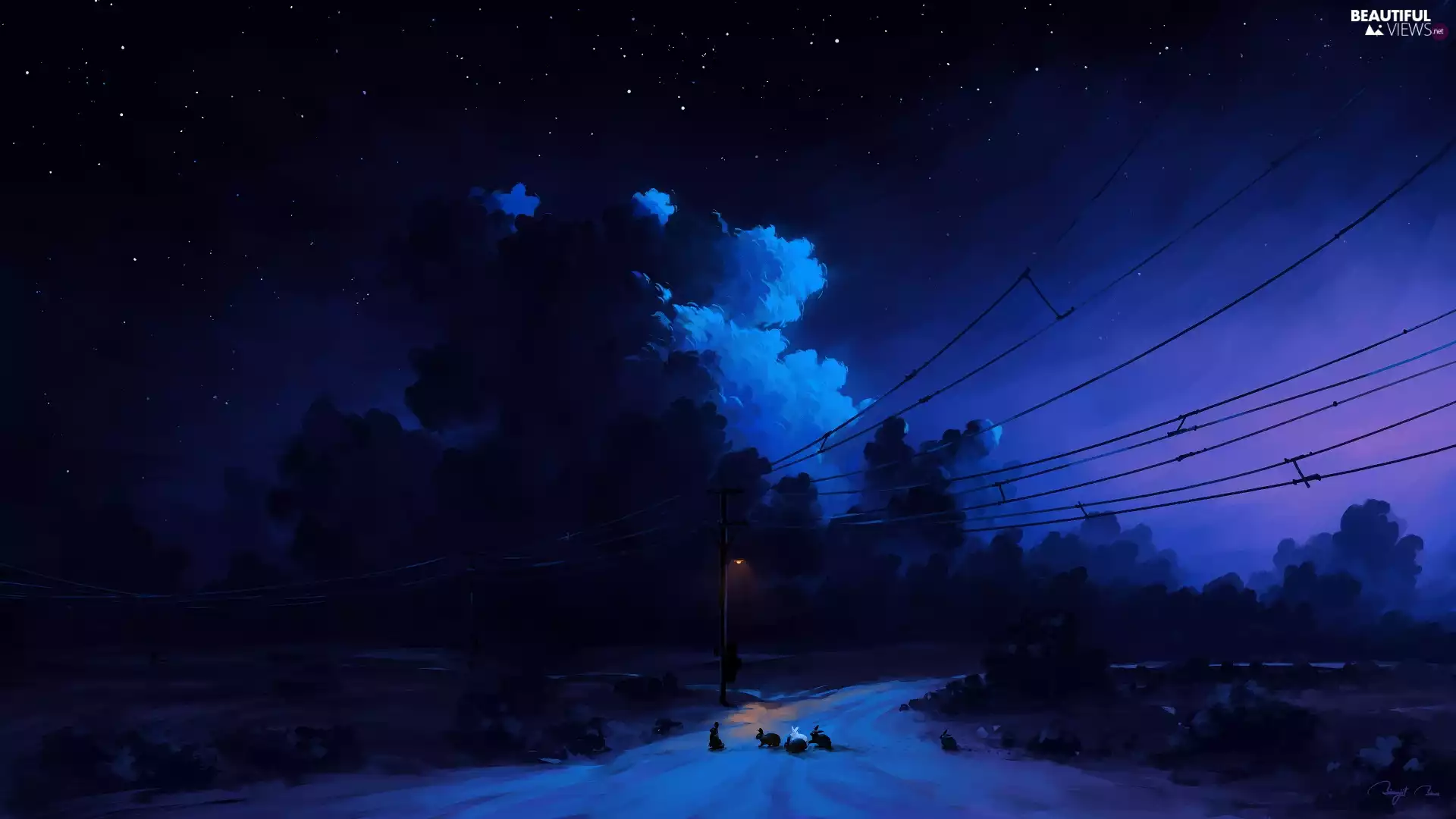 hare, graphics, clouds, Way, Night