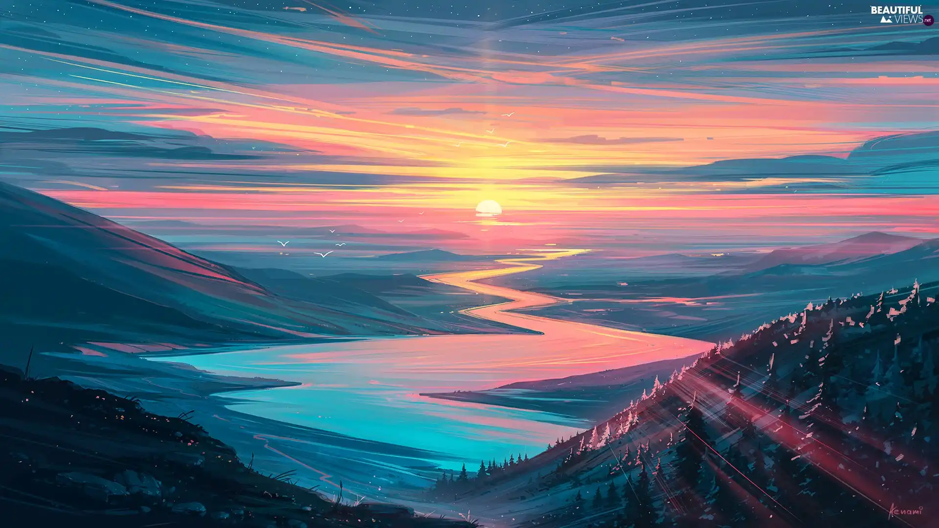 Mountains, graphics, winding, River, Sunrise