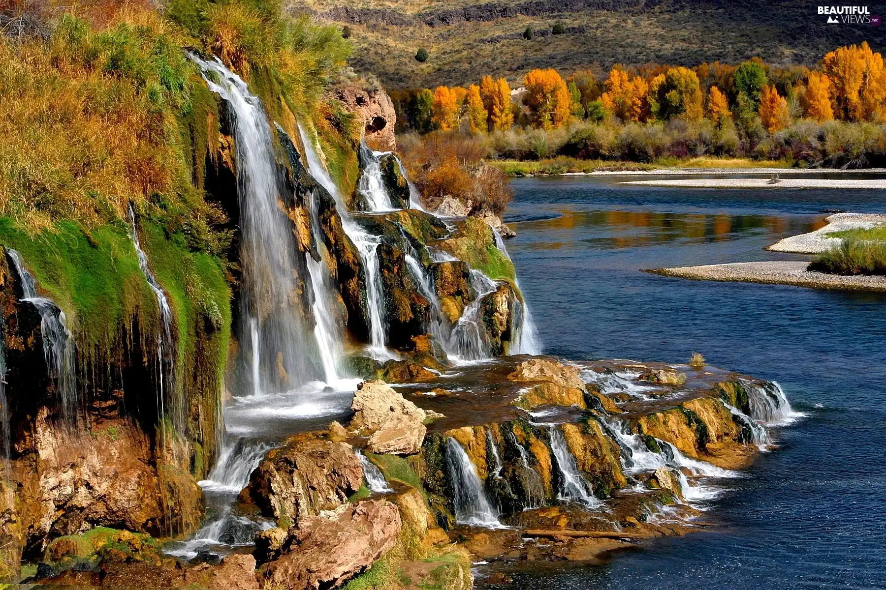 grass, autumn, rocks, forest, waterfall