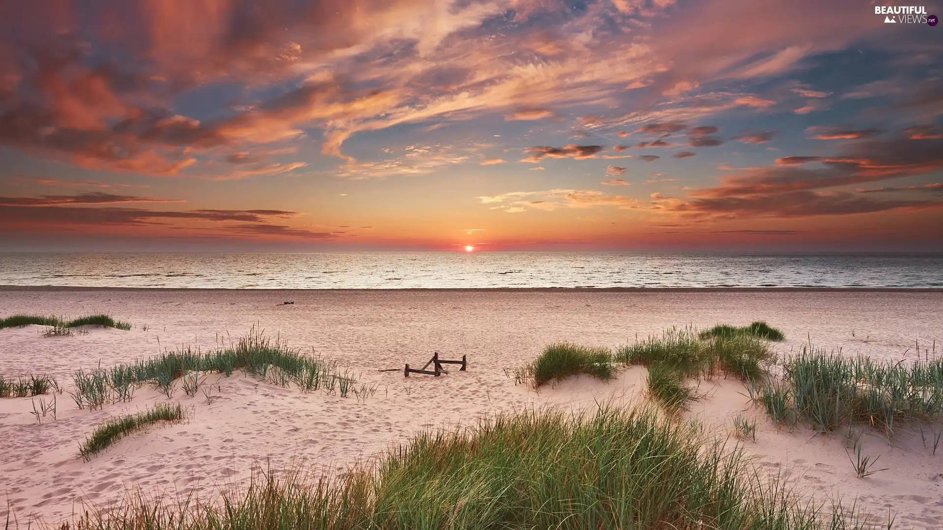 Baltic Sea, Beaches, clouds, Poland, Great Sunsets, grass