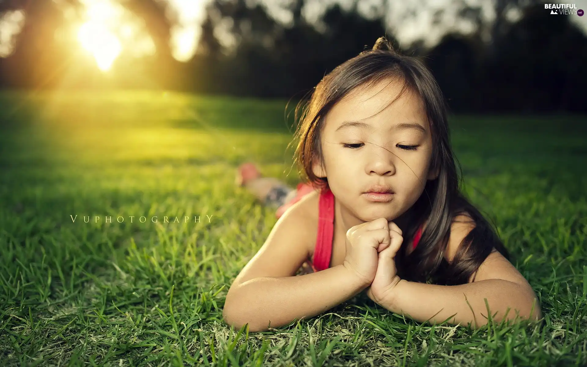 girl, sun, grass, west