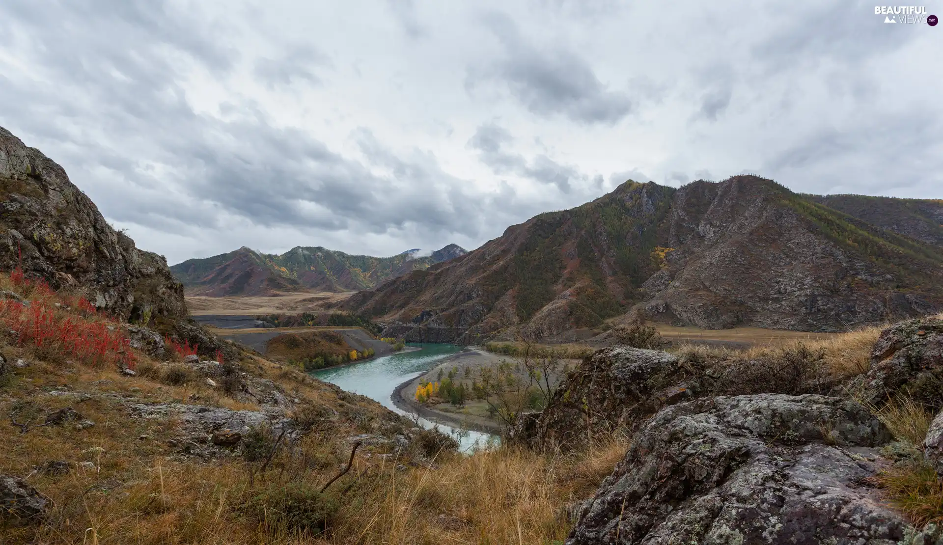 rocks, River, dry, grass, Plants, Mountains