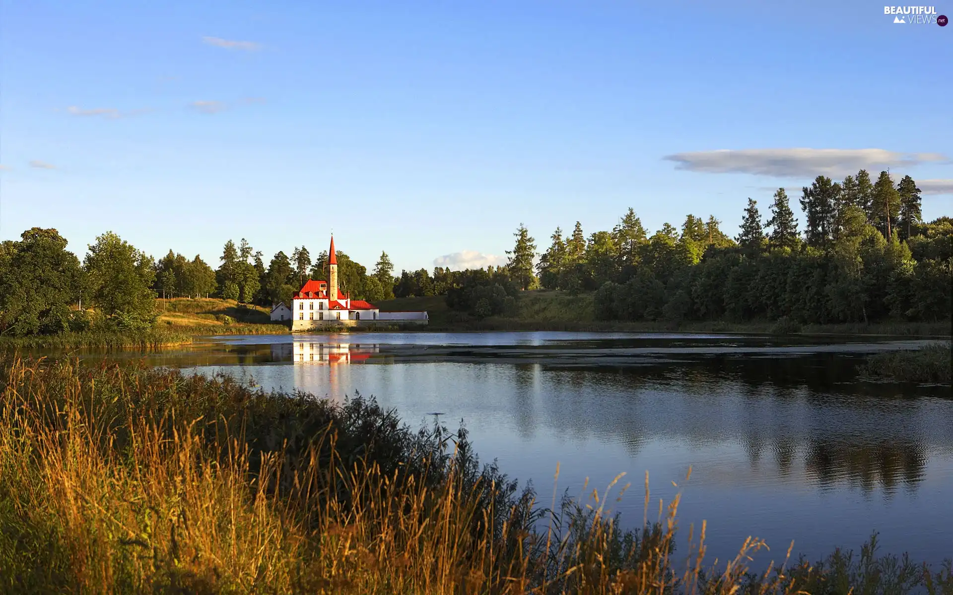 River, forest, grass, House