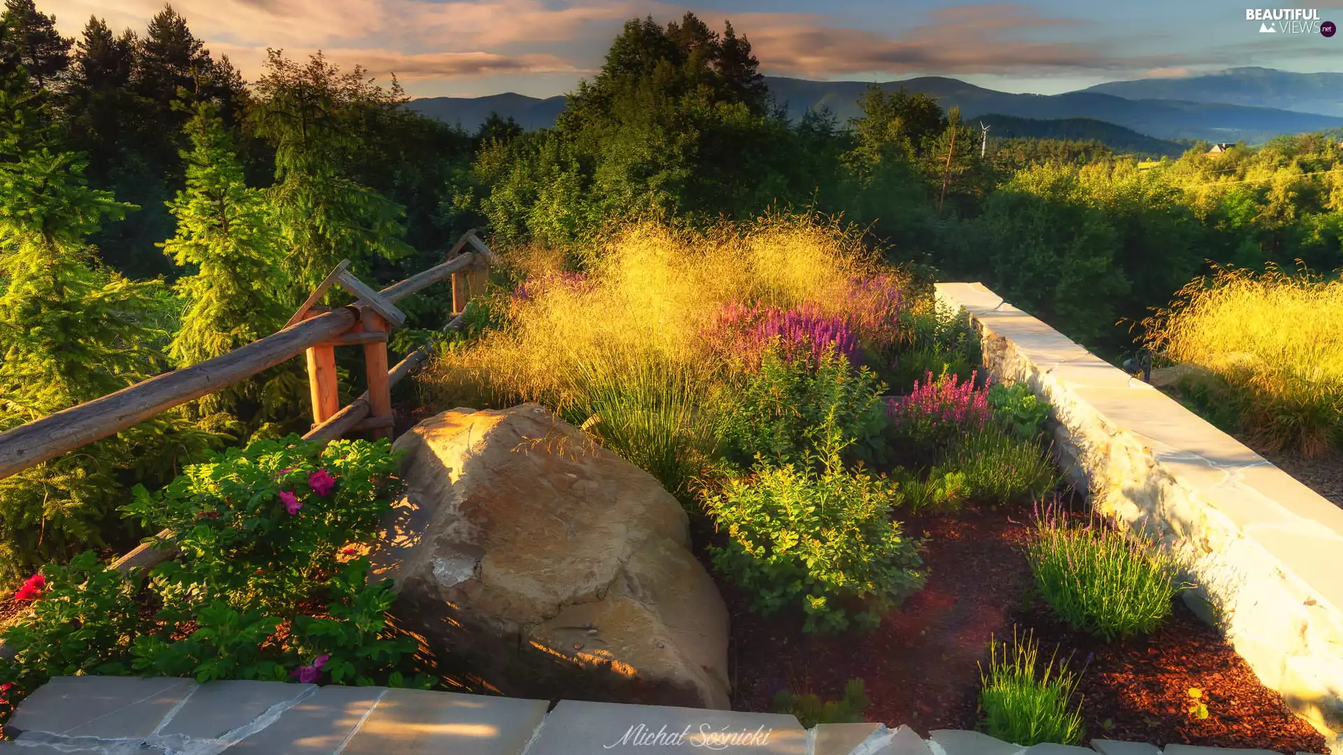 Stone, Briar, viewes, grass, garden, trees, Mountains