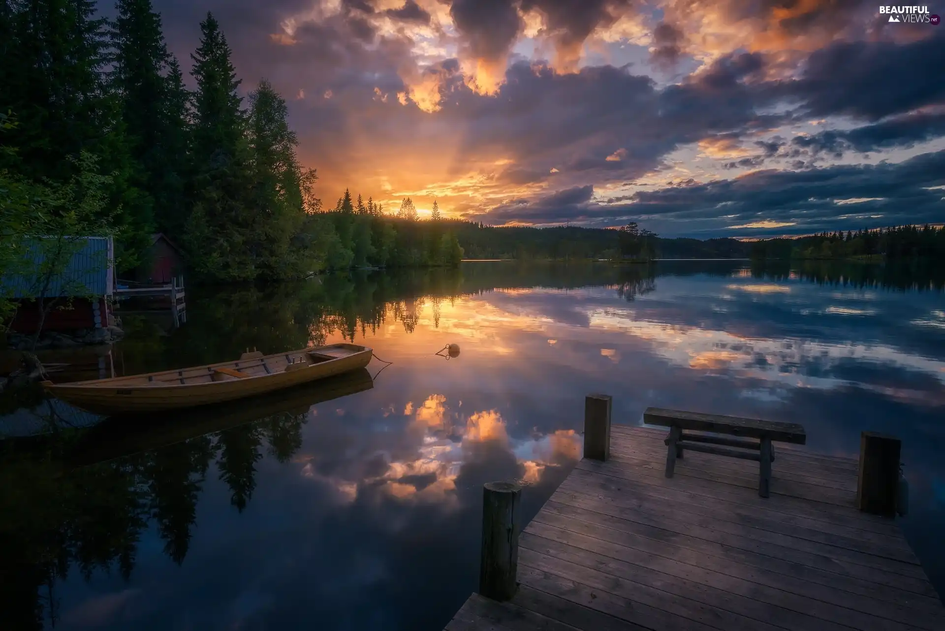 Great Sunsets, Ringerike Municipality, Bench, Norway, Oyangen Lake, Boat, Platform