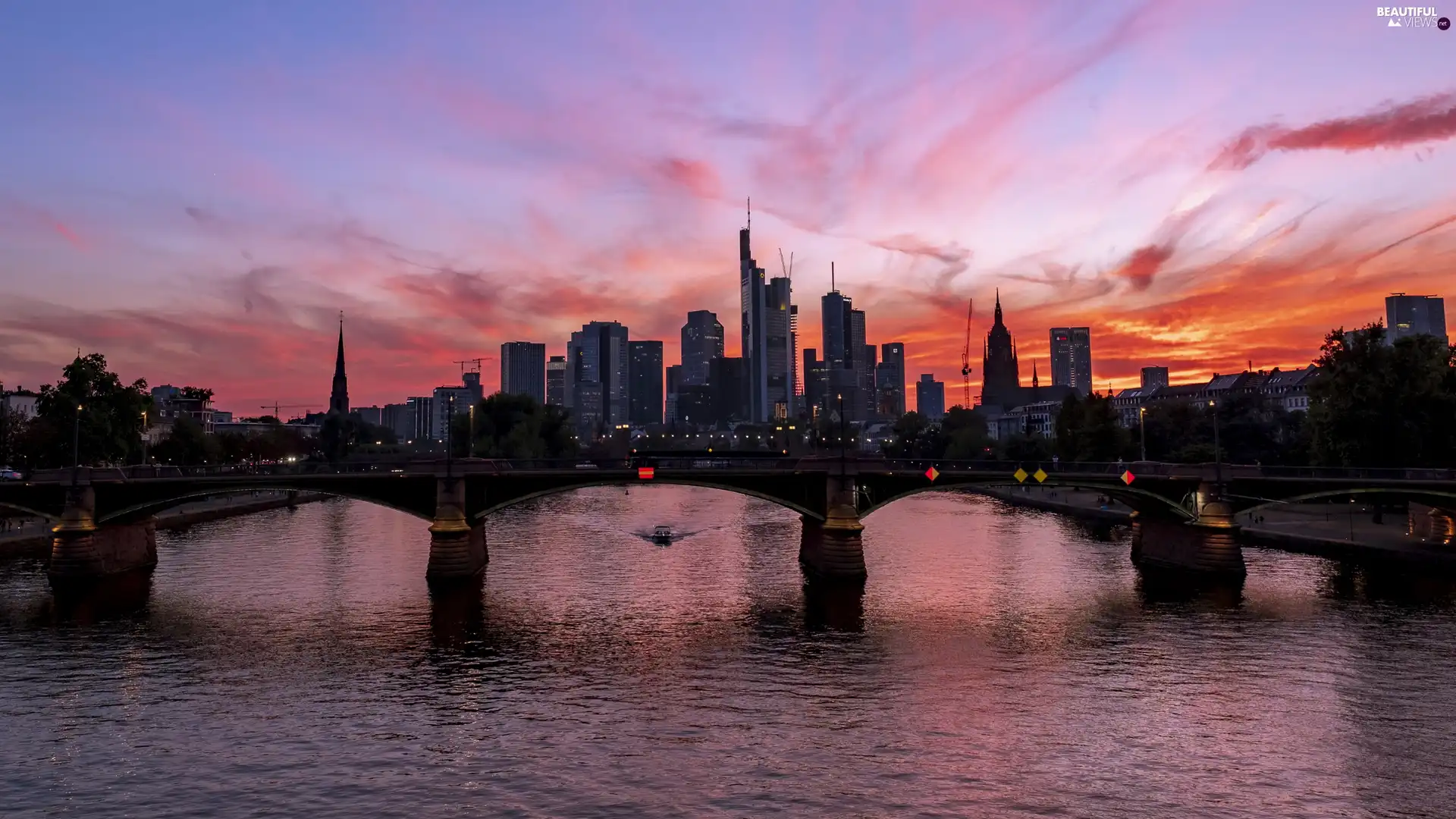 Motor boat, bridge, Frankfurt am Main, River Men, skyscrapers, Great Sunsets, Germany