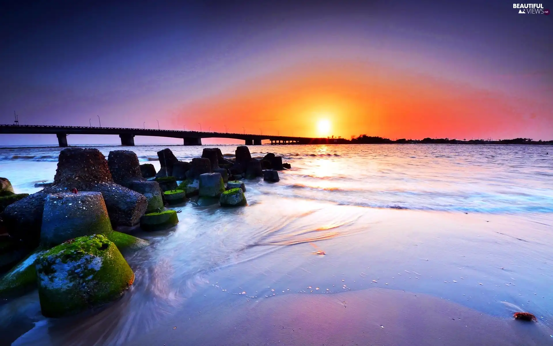 bridge, Stones, Great Sunsets, sea