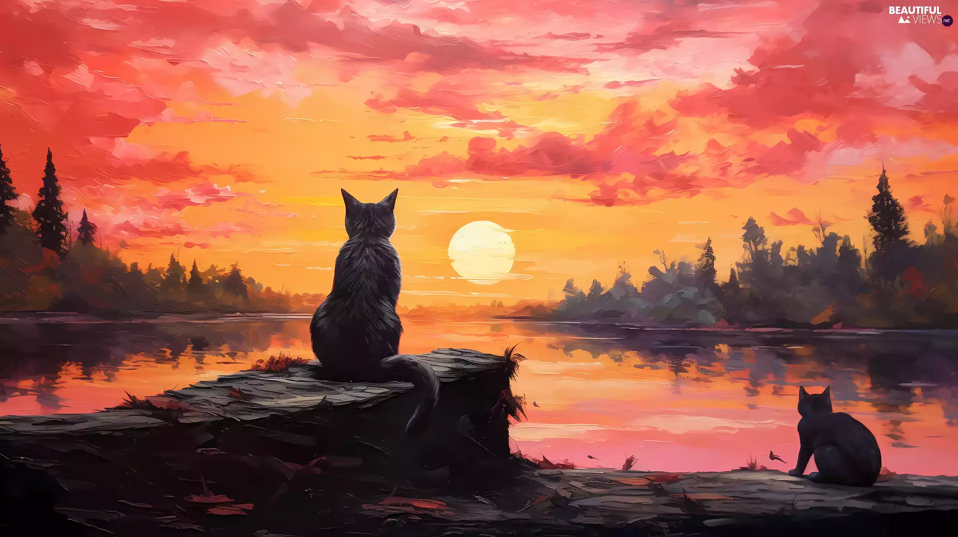 Two cars, lake, Great Sunsets, cats