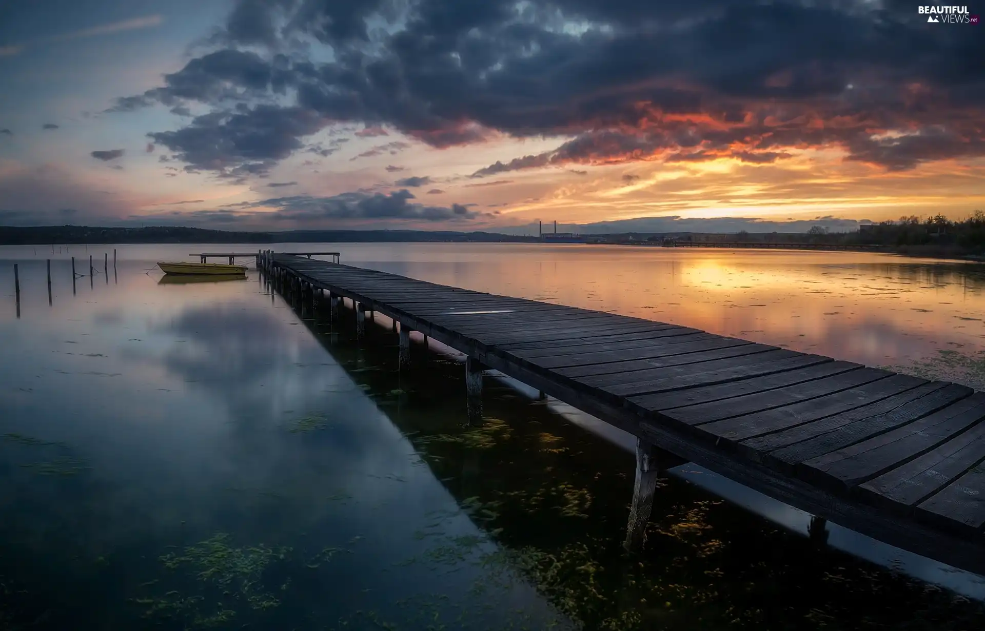 Boat, lake, clouds, Great Sunsets, dark, Platform
