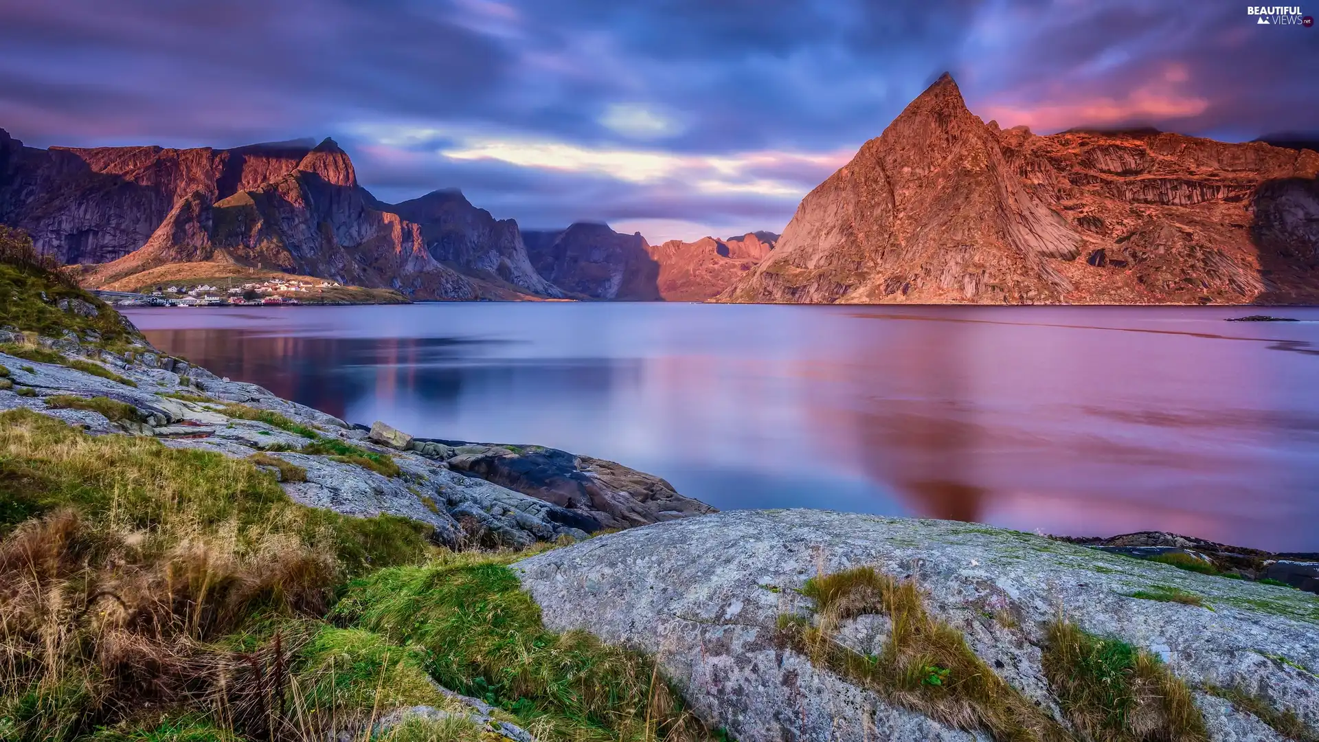 Mountains, lake, clouds, Great Sunsets, VEGETATION, rocks