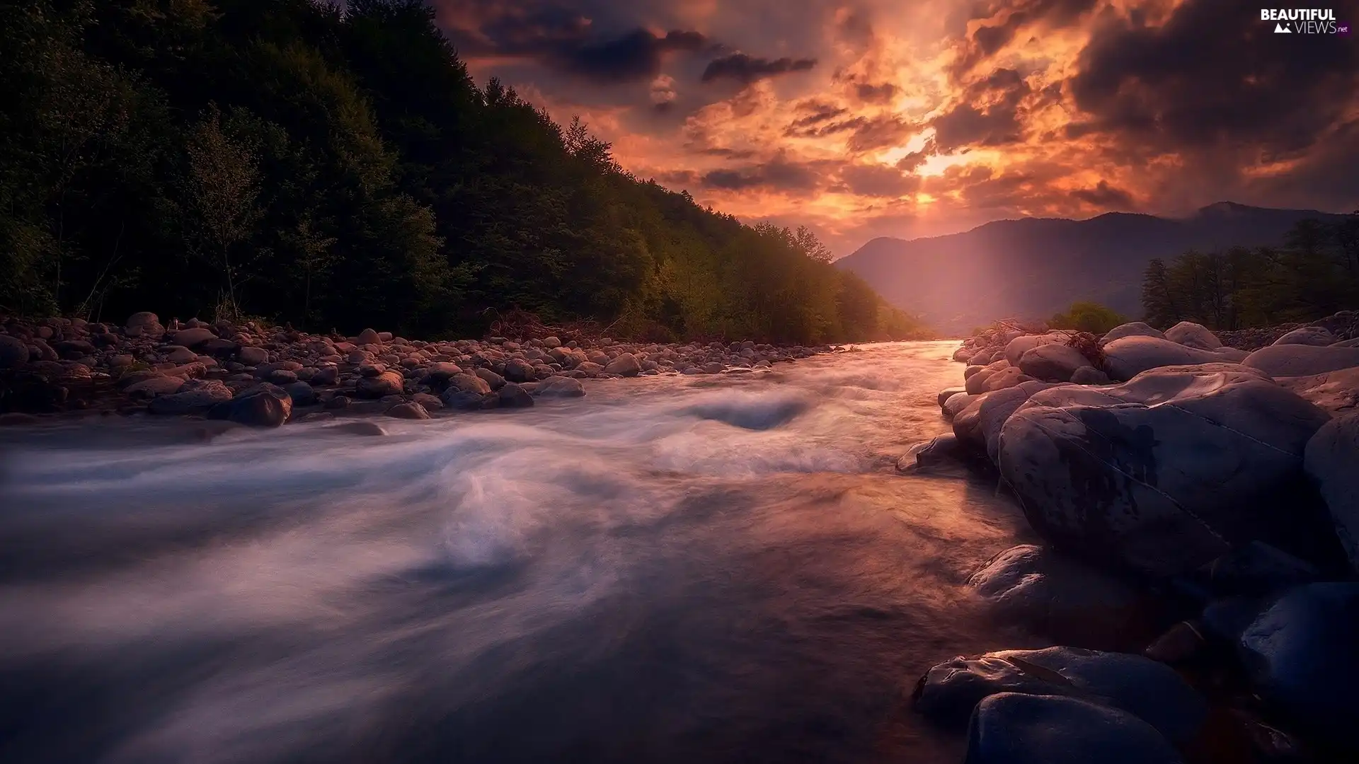 Mountains River Clouds Great Sunsets Forest Stones Beautiful