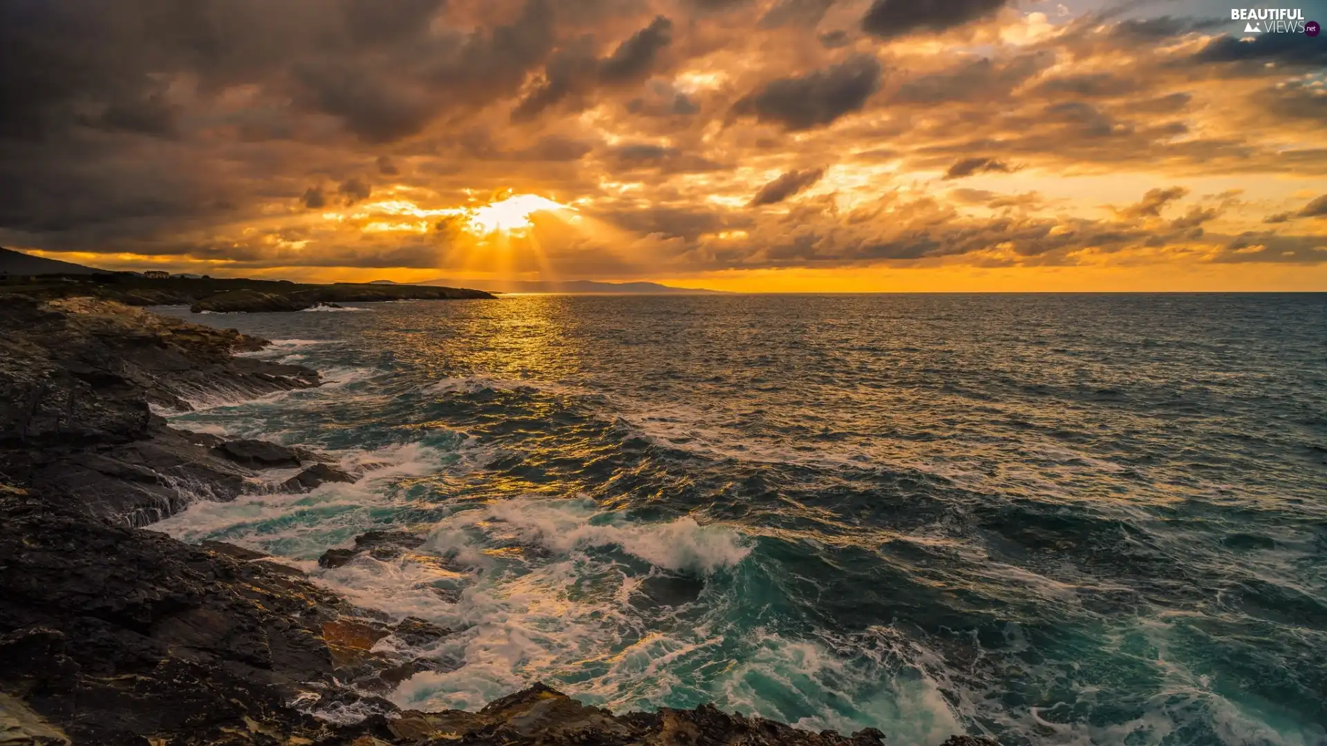 Great Sunsets, Coast, rocks, clouds, sea