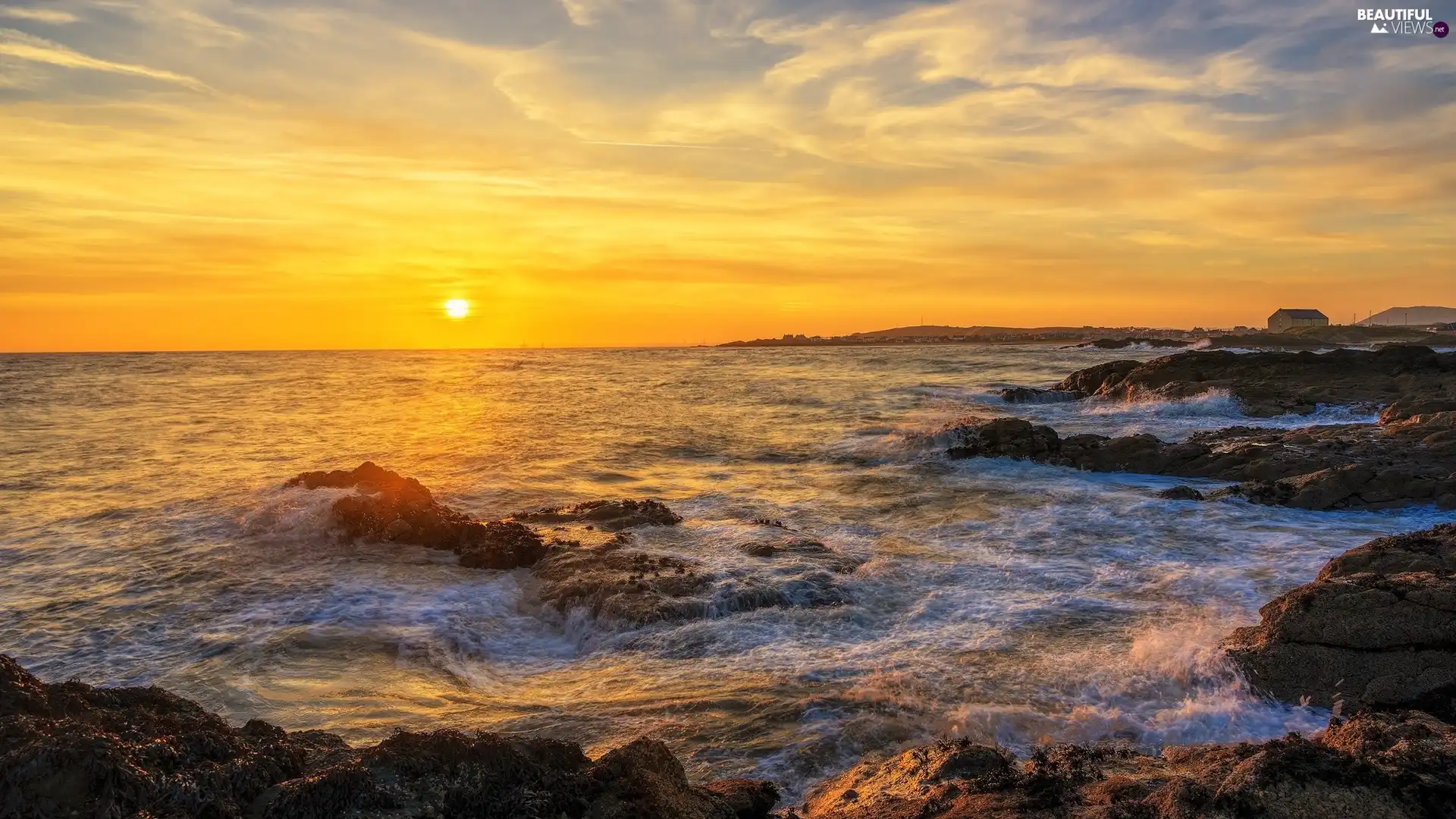 Great Sunsets, sea, Elie City, Scotland, Elie Beach, rocks